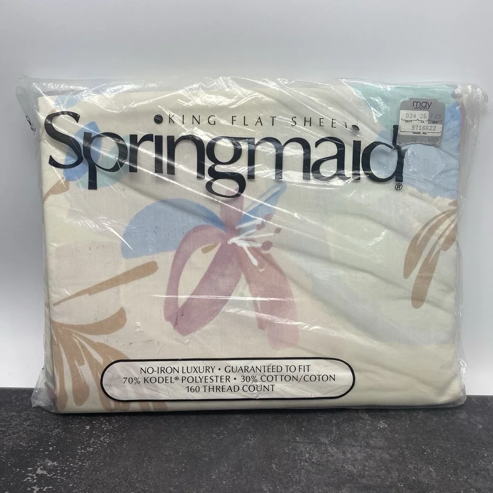 Vintage Springmaid King Flat Sheet Silk Poppies NOS Floral Pastels 1990s No Iron
